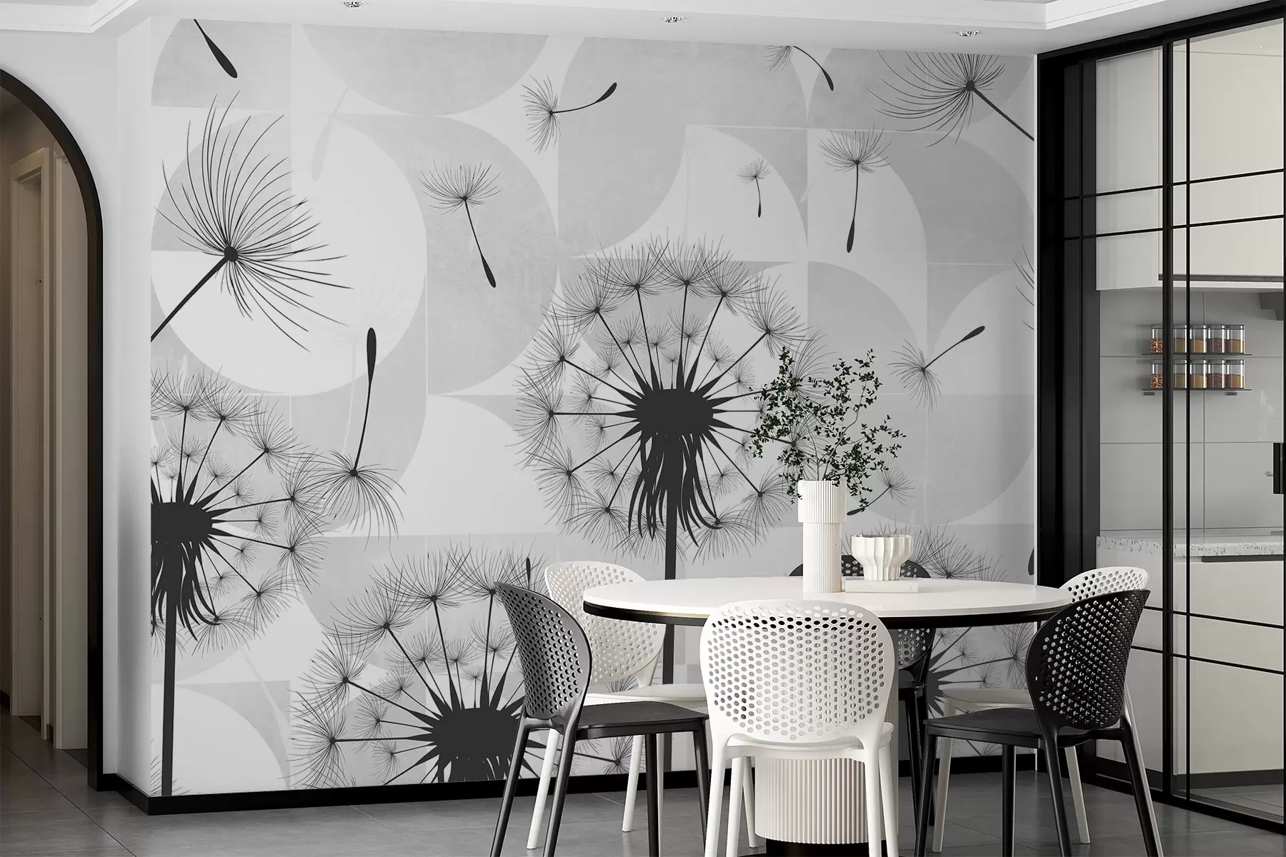 murales de pared Flores de diente de león blancas y negras con esponjosas cabezas de semillas sobre un fondo de textura blanca y gris claro w08529