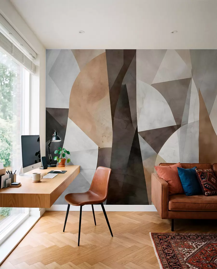 murales de pared Arte moderno abstracto de formas geométricas texturadas en tonos marrones, grises y beige w08530