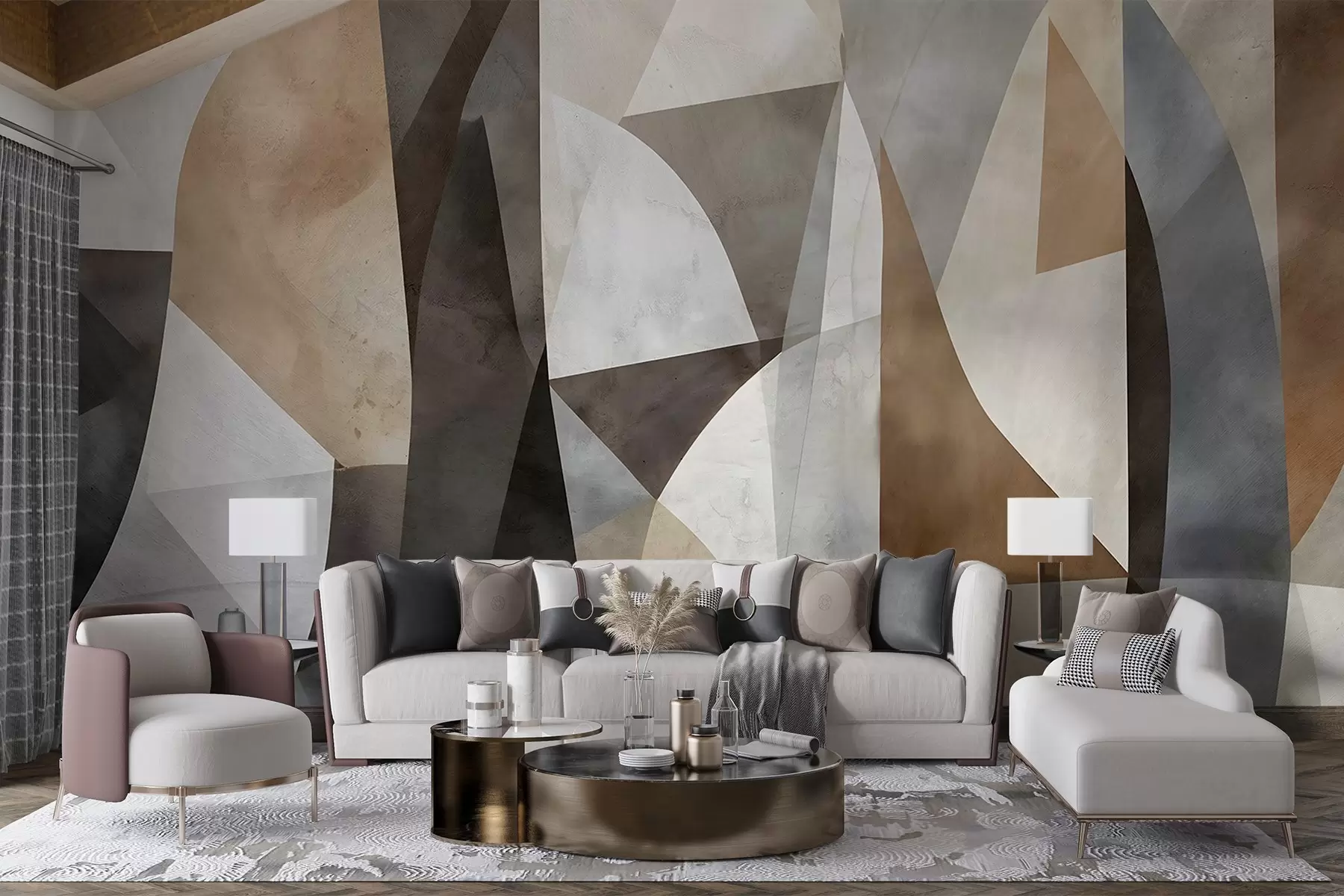 murales de pared Arte moderno abstracto de formas geométricas texturadas en tonos marrones, grises y beige w08530