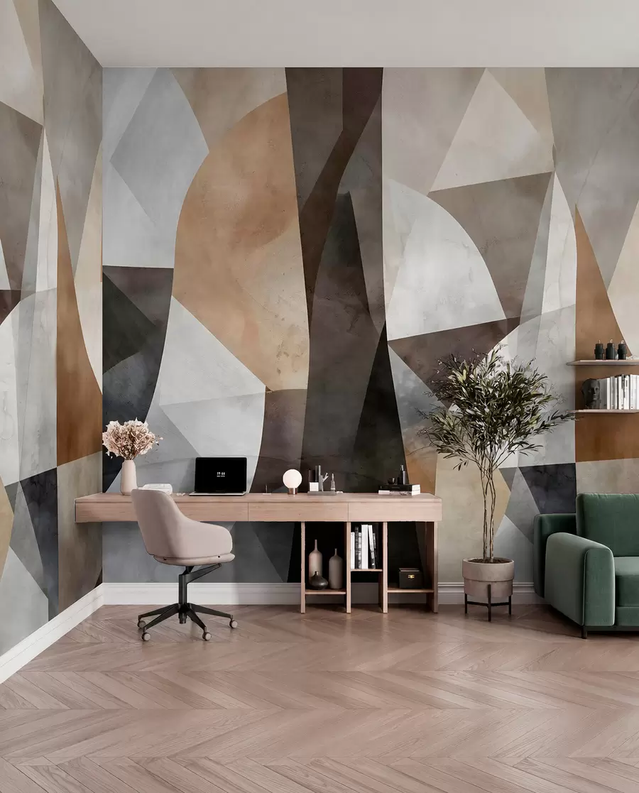 murales de pared Arte moderno abstracto de formas geométricas texturadas en tonos marrones, grises y beige w08530