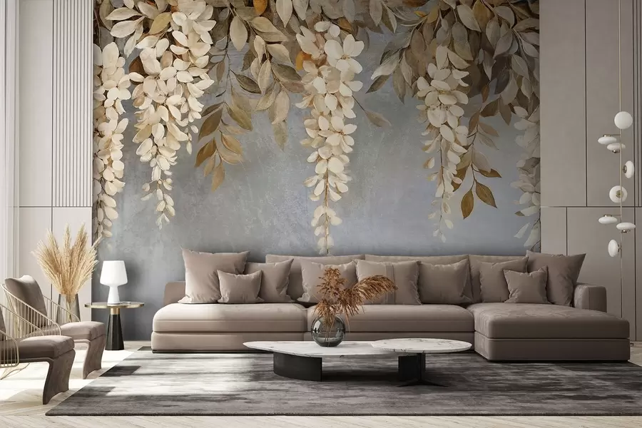 Murales de pared Delicadas flores de glicinia blancas y beige claro con follaje en cascada sobre un fondo gris suave w08531 murales de pared Delicadas flores de glicinia blancas y beige claro con follaje en cascada sobre un fondo gris suave w08531