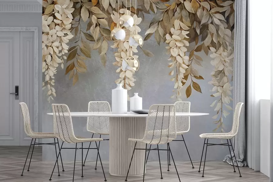 Murales de pared Delicadas flores de glicinia blancas y beige claro con follaje en cascada sobre un fondo gris suave w08531 murales de pared Delicadas flores de glicinia blancas y beige claro con follaje en cascada sobre un fondo gris suave w08531