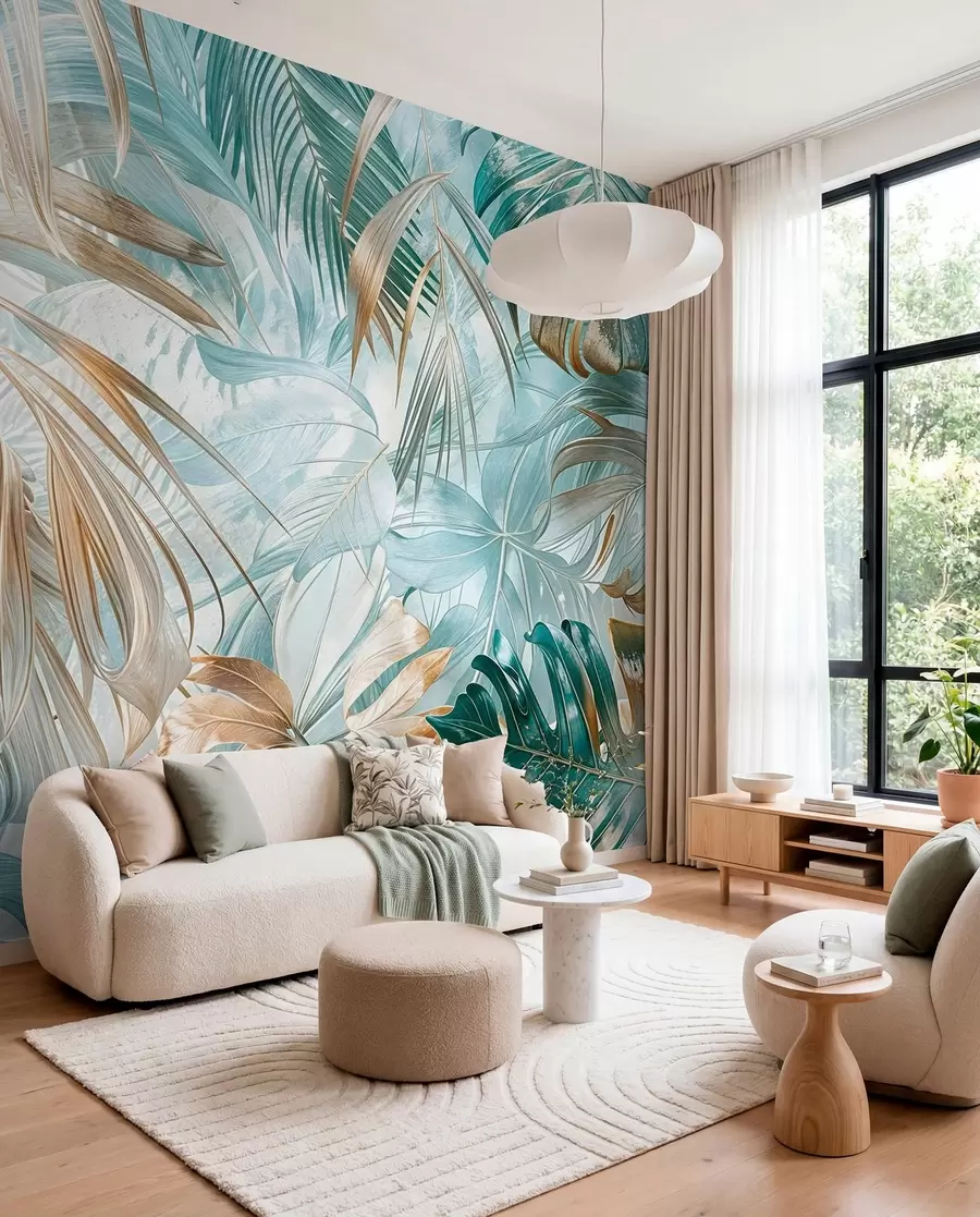murales de pared Un estampado floral abstracto tropical con grandes hojas de palmera en tonos azules y beige crea un ambiente exuberante w08532