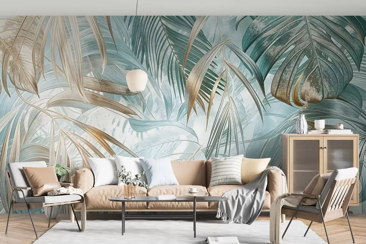 murales de pared Un estampado floral abstracto tropical con grandes hojas de palmera en tonos azules y beige crea un ambiente exuberante w08532