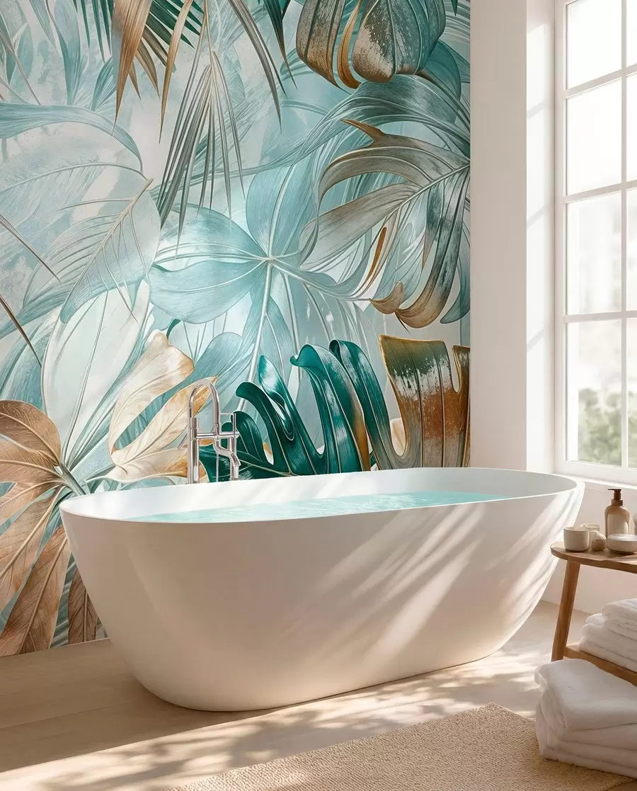 murales de pared Un estampado floral abstracto tropical con grandes hojas de palmera en tonos azules y beige crea un ambiente exuberante w08532