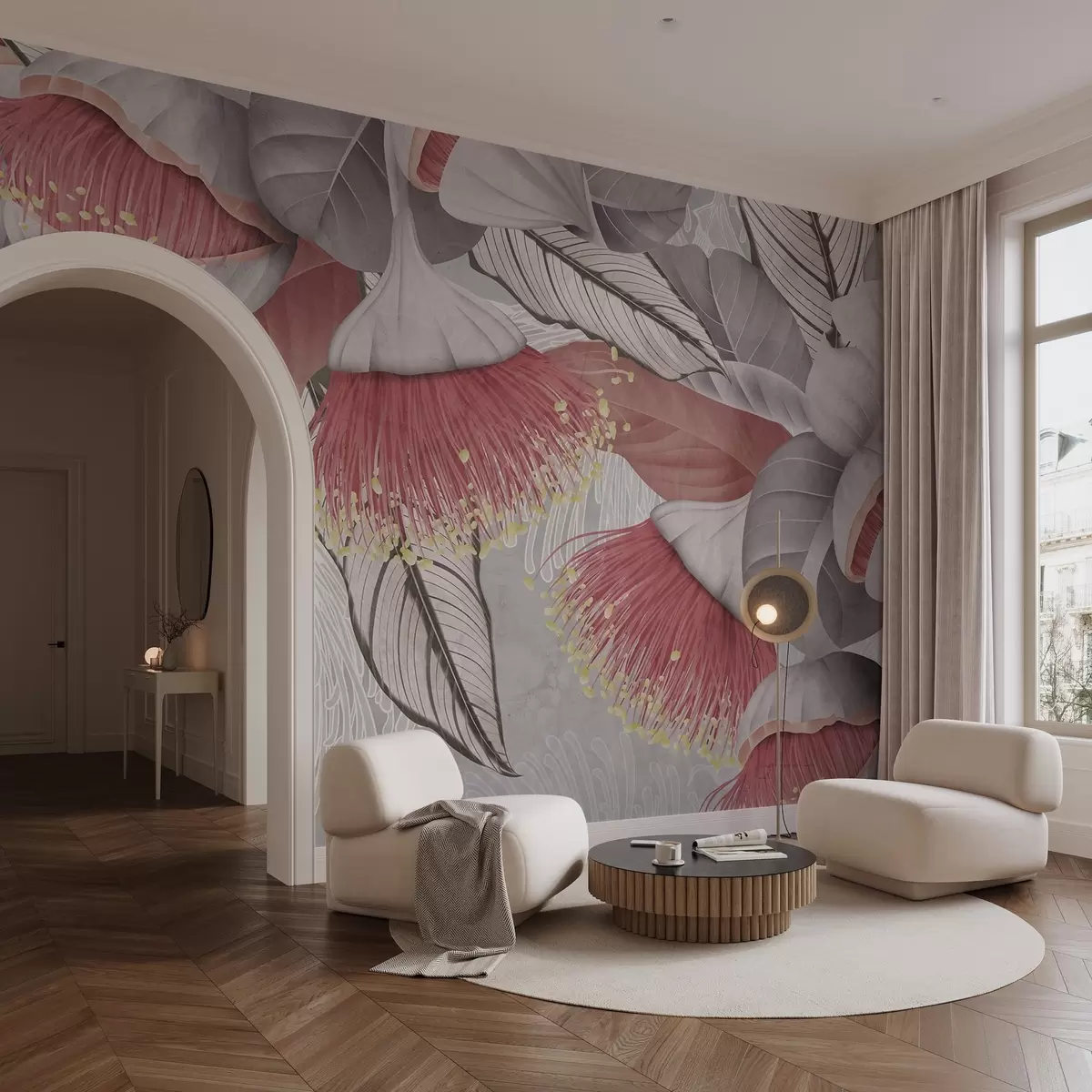 Murales de pared Ilustración botánica de grandes flores de eucalipto con largos estambres sobre fondo gris y blanco w08539 murales de pared Ilustración botánica de grandes flores de eucalipto con largos estambres sobre fondo gris y blanco w08539