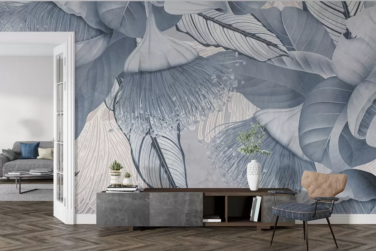 Murales de pared Ilustración botánica de grandes flores azules de eucalipto con largos estambres sobre un fondo gris y blanco w08539v1 murales de pared Ilustración botánica de grandes flores azules de eucalipto con largos estambres sobre un fondo gris y blanco w08539v1