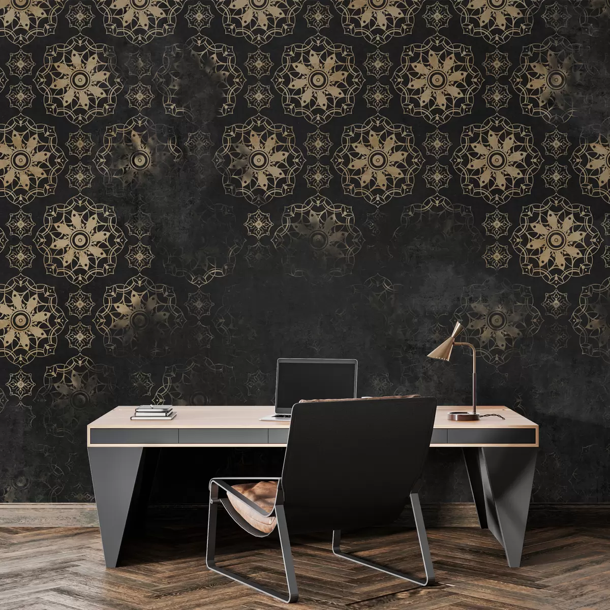 murales de pared Diseño vintage con elementos de mandala y efecto envejecido w02551