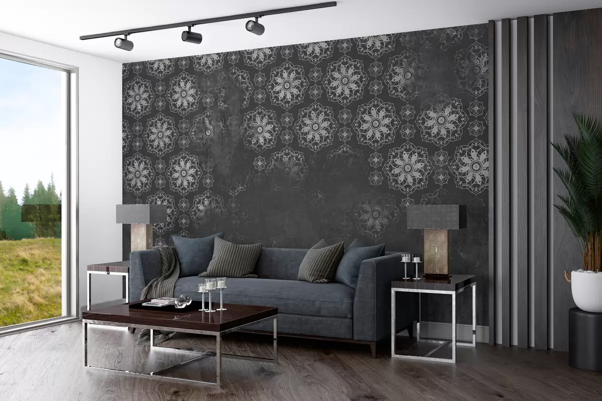 Murales de pared Diseño vintage con elementos de mandala y efecto envejecido en gris w02551v1 murales de pared Diseño vintage con elementos de mandala y efecto envejecido en gris w02551v1