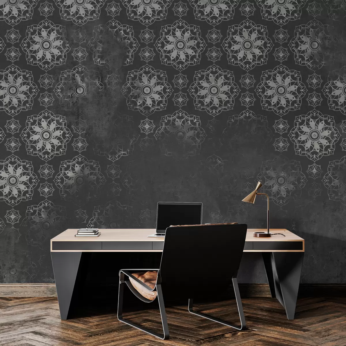 Murales de pared Diseño vintage con elementos de mandala y efecto envejecido en gris w02551v1 murales de pared Diseño vintage con elementos de mandala y efecto envejecido en gris w02551v1