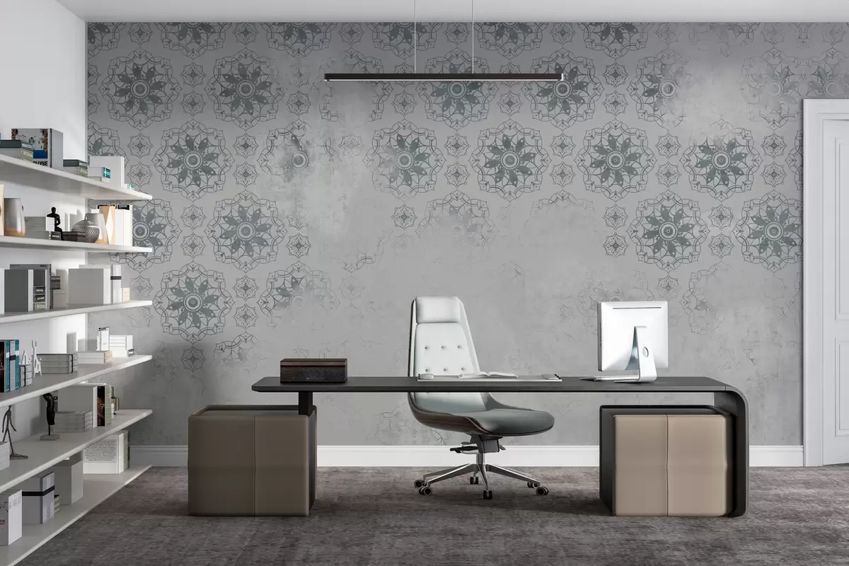 murales de pared Diseño vintage con elementos de mandala y efecto envejecido en gris claro w02551v2