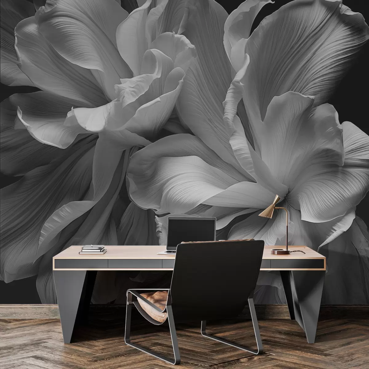 murales de pared Grandes pétalos de flores en blanco y negro w02554