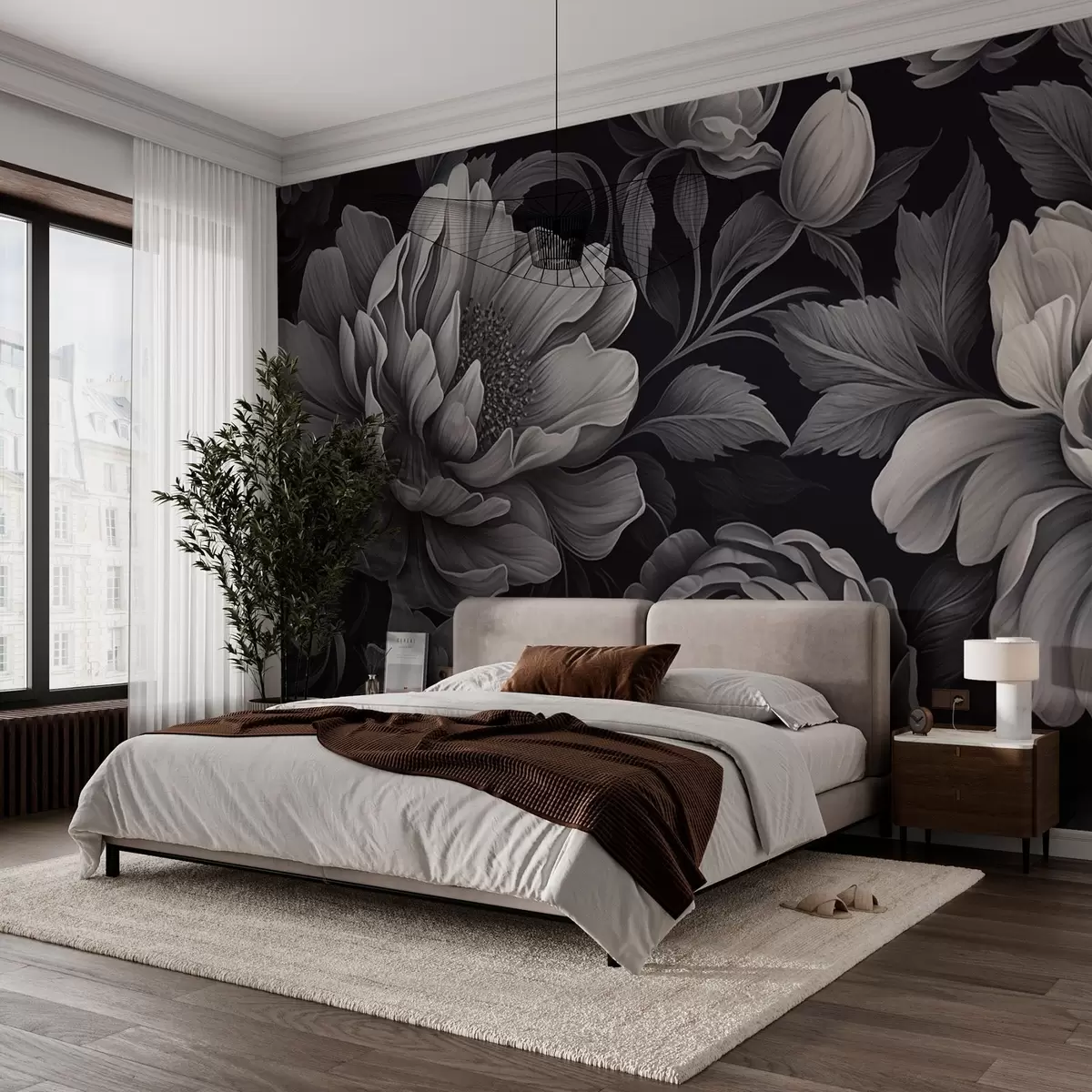 murales de pared Flores negras y grises sobre fondo oscuro w02575