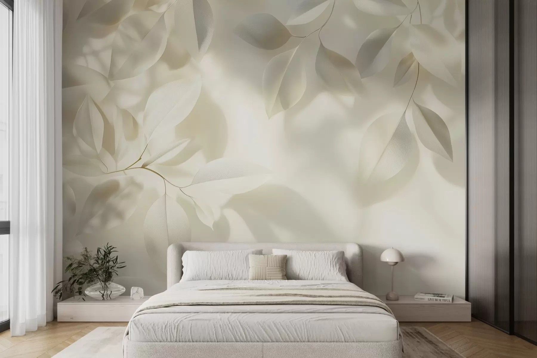 murales de pared Colgar ramas blancas con hojas contra una pared con luz solar w08552