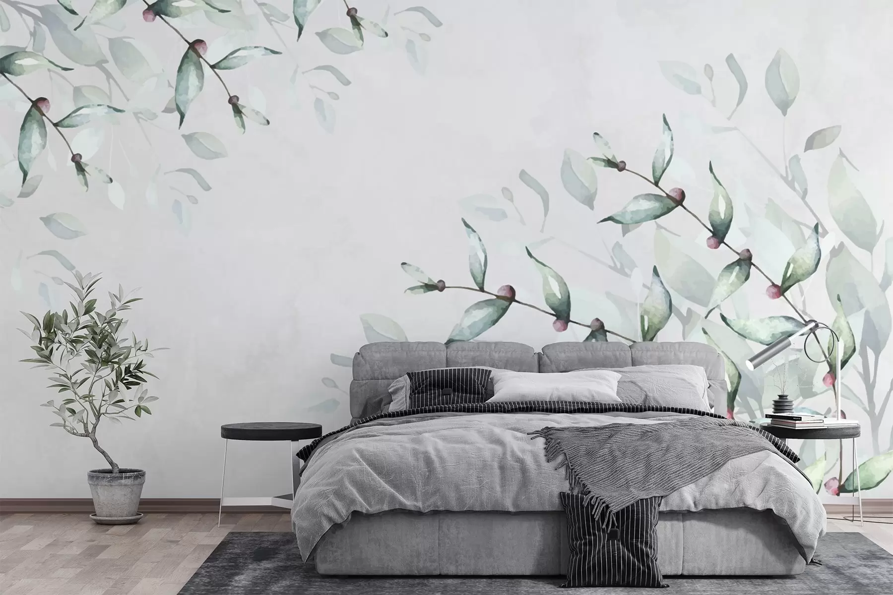 murales de pared ramitas con hojas verdes sobre fondo gris w02660