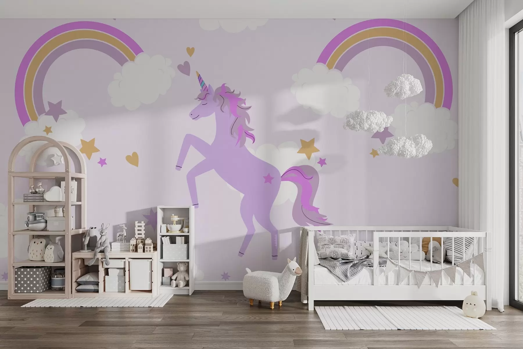 murales de pared unicornio y arco iris en morado w02671v1