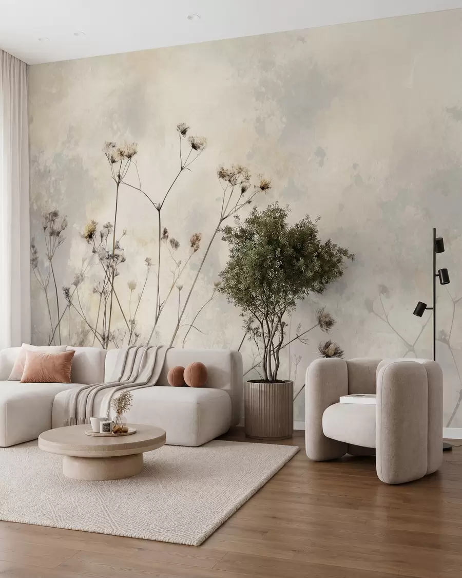 murales de pared papel pintado ecológico con plantas silvestres en colores pastel w02684