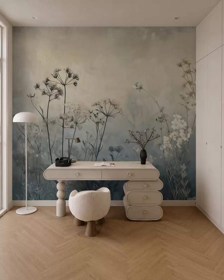 murales de pared papel pintado ecológico con flores silvestres y plantas sobre fondo texturizado w02685
