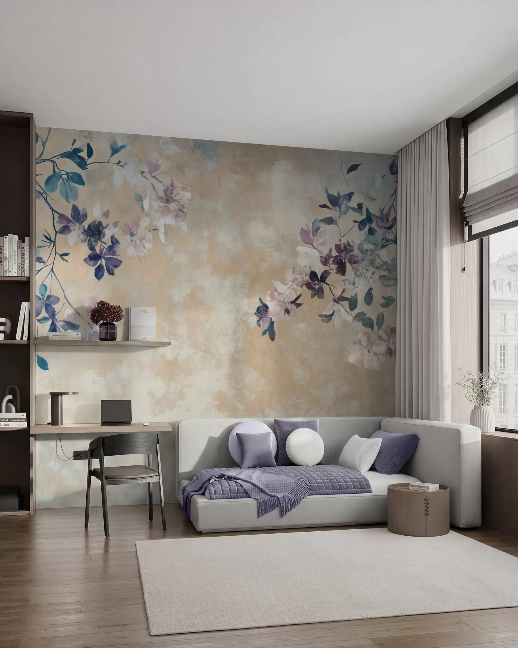 murales de pared papel pintado de estilo retro con ramas y flores w02686