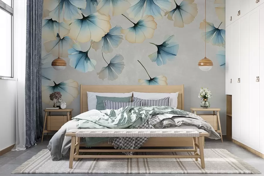 murales de pared Hojas de ginkgo de colores pastel, azules y amarillas, con delicados pétalos flotando en el aire sobre un fondo de texturas w08578v1