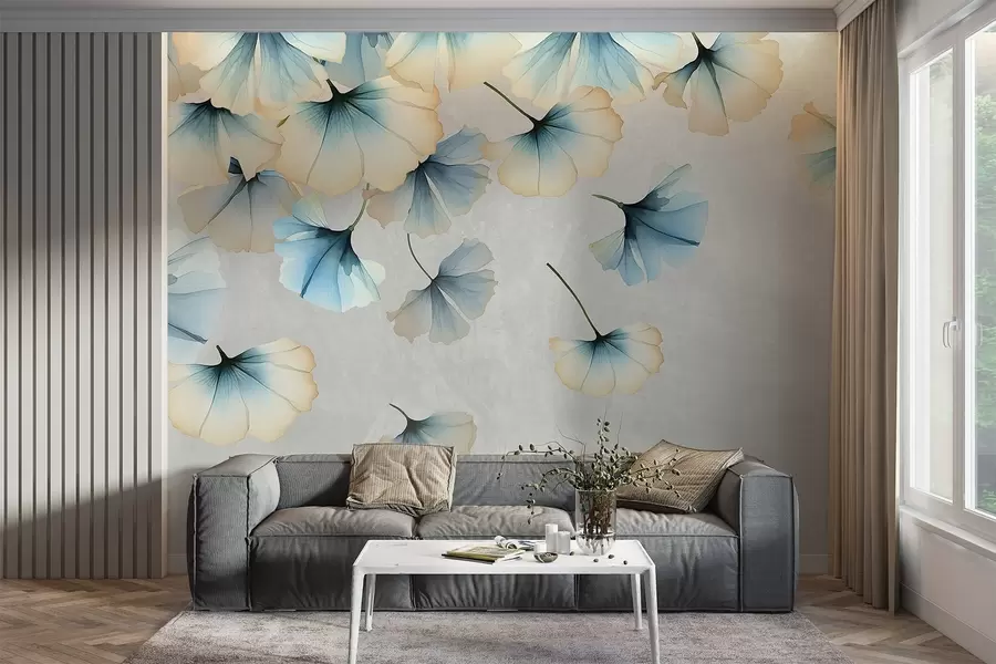 Murales de pared Hojas de ginkgo de colores pastel, azules y amarillas, con delicados pétalos flotando en el aire sobre un fondo de texturas w08578v1 murales de pared Hojas de ginkgo de colores pastel, azules y amarillas, con delicados pétalos flotando en el aire sobre un fondo de texturas w08578v1