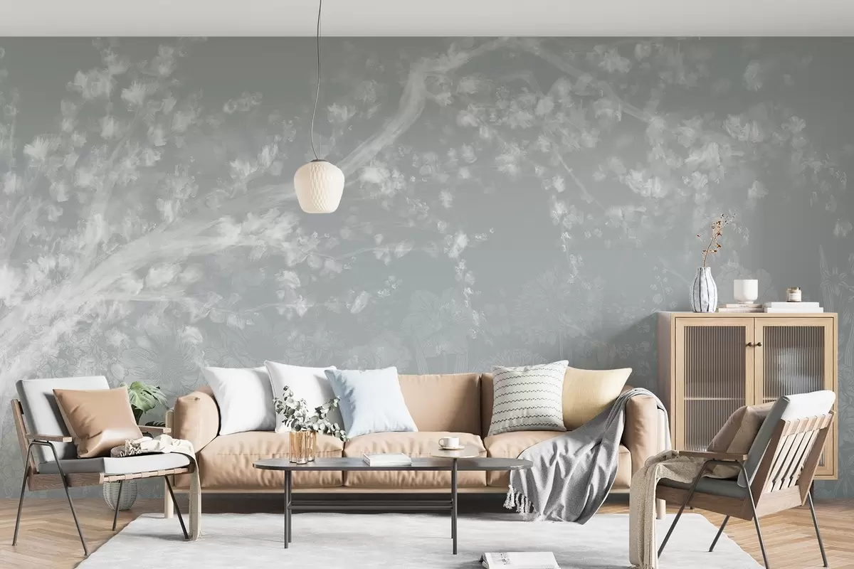 Murales de pared Impresión borrosa y desenfocada con un blanco brumoso de ramas de árbol con fondo floral de luz suave  w08581 murales de pared Impresión borrosa y desenfocada con un blanco brumoso de ramas de árbol con fondo floral de luz suave  w08581