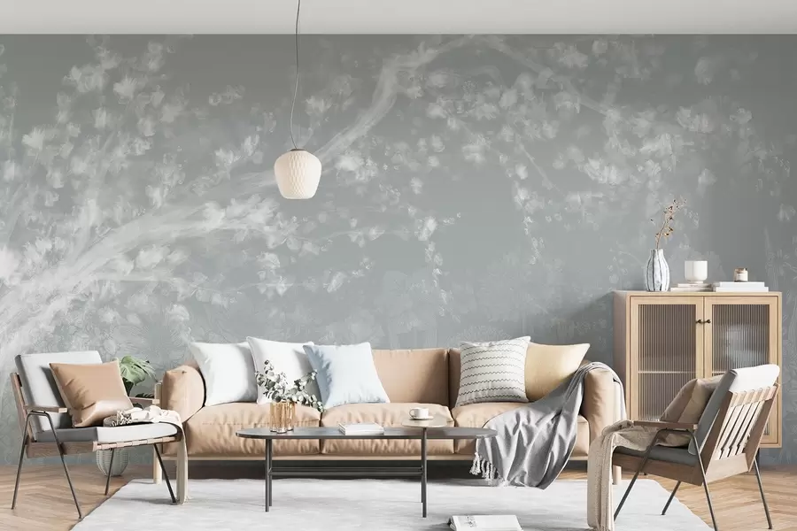 Murales de pared Impresión borrosa y desenfocada con un blanco brumoso de ramas de árbol con fondo floral de luz suave  w08581 murales de pared Impresión borrosa y desenfocada con un blanco brumoso de ramas de árbol con fondo floral de luz suave  w08581