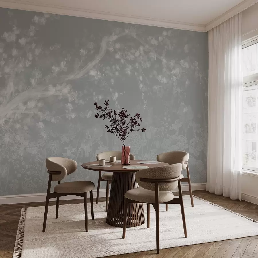 Murales de pared Impresión borrosa y desenfocada con un blanco brumoso de ramas de árbol con fondo floral de luz suave  w08581 murales de pared Impresión borrosa y desenfocada con un blanco brumoso de ramas de árbol con fondo floral de luz suave  w08581