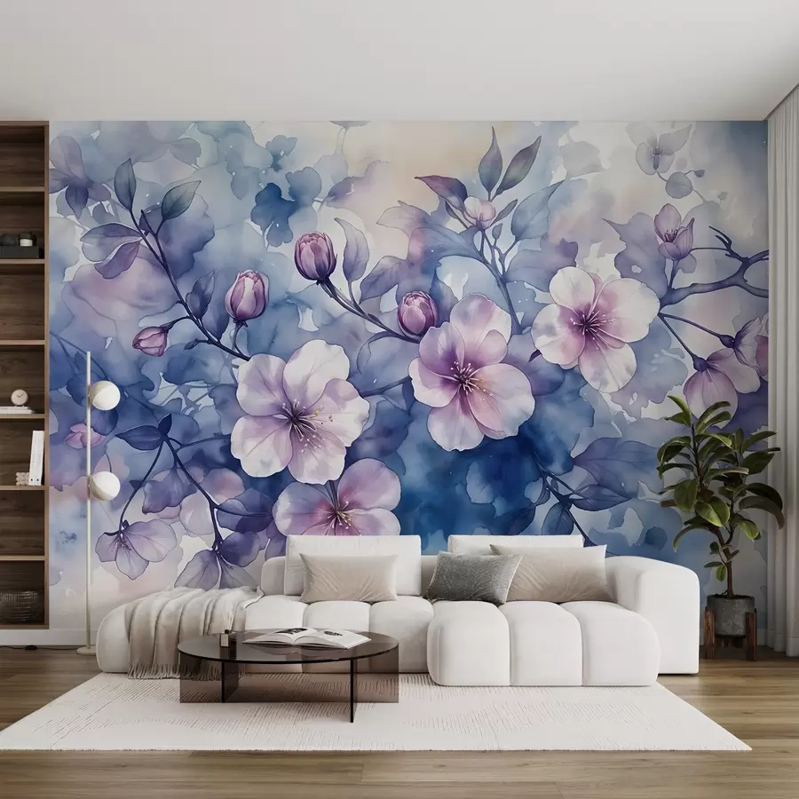 Murales de pared Delicadas flores rosas y moradas de imitación acuarela con pétalos suaves y difuminados sobre un fondo azul salpicado w08582 murales de pared Delicadas flores rosas y moradas de imitación acuarela con pétalos suaves y difuminados sobre un fondo azul salpicado w08582