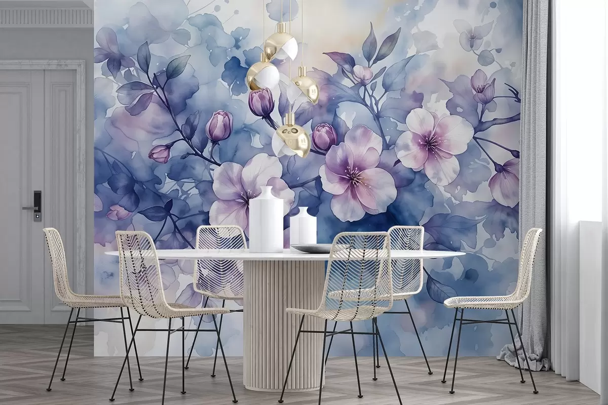 Murales de pared Delicadas flores rosas y moradas de imitación acuarela con pétalos suaves y difuminados sobre un fondo azul salpicado w08582 murales de pared Delicadas flores rosas y moradas de imitación acuarela con pétalos suaves y difuminados sobre un fondo azul salpicado w08582