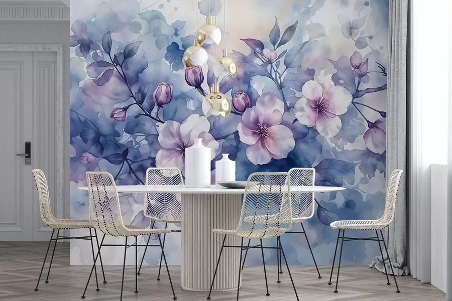Murales de pared Delicadas flores rosas y moradas de imitación acuarela con pétalos suaves y difuminados sobre un fondo azul salpicado w08582 murales de pared Delicadas flores rosas y moradas de imitación acuarela con pétalos suaves y difuminados sobre un fondo azul salpicado w08582