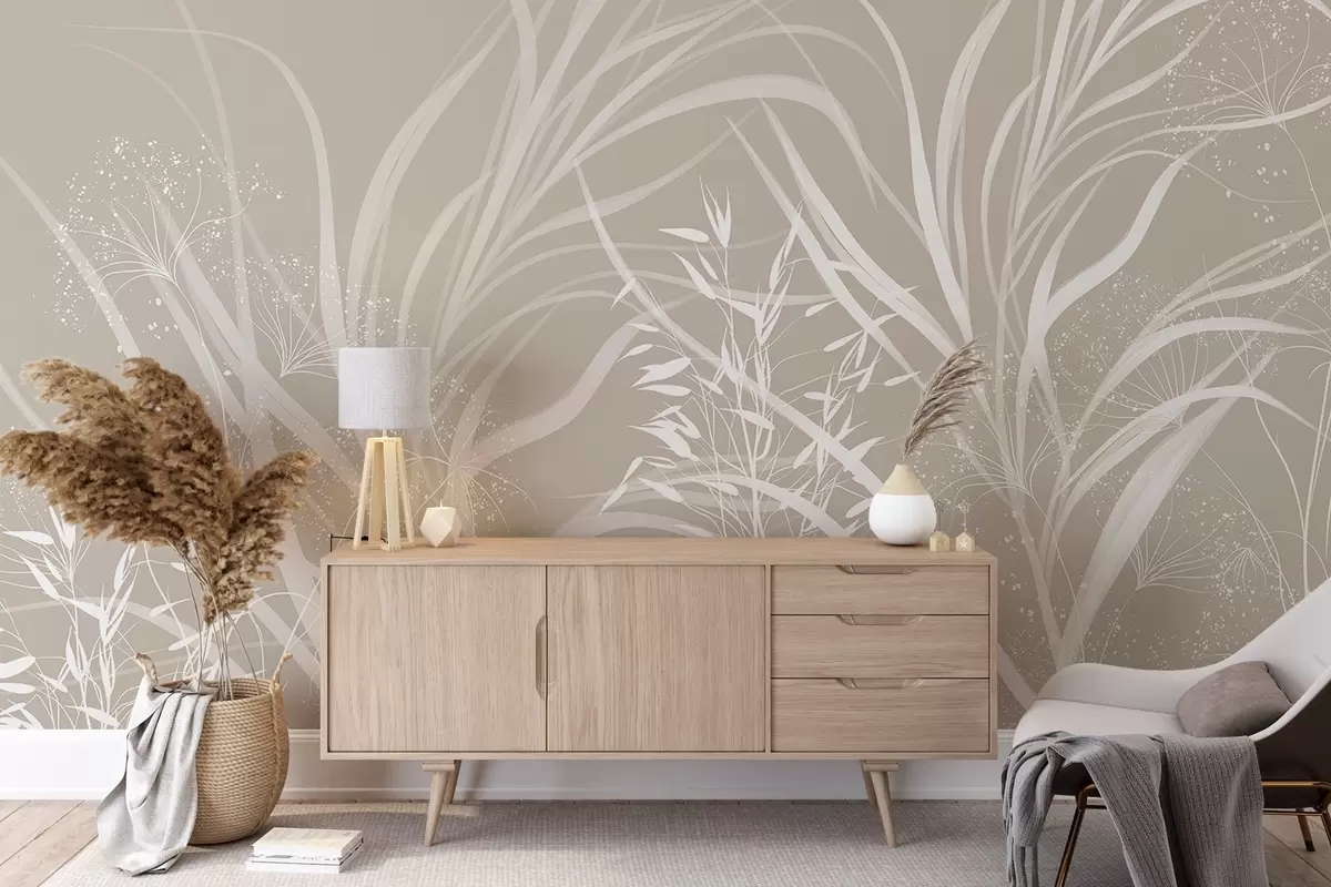 murales de pared Delicado y moderno estampado floral minimalista en blanco sobre fondo beige pastel claro w08583