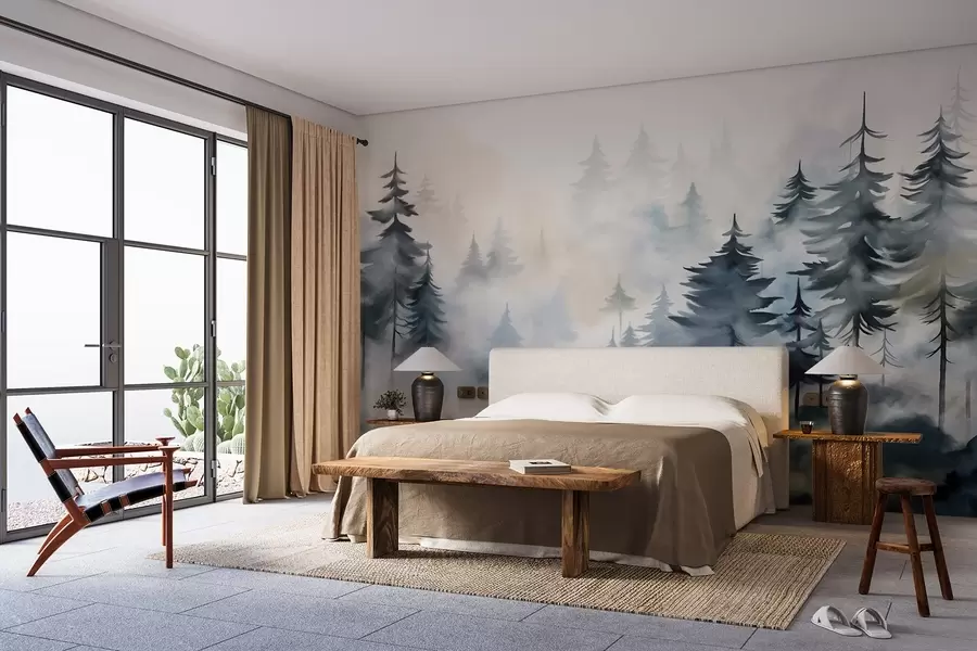 murales de pared Un paisaje de bosque brumoso con altos pinos en el fondo de niebla en estilo acuarela w08584