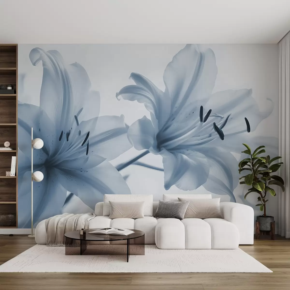 Murales de pared Primer plano con enfoque suave de flores de lirio azules minimalistas sobre un fondo claro w08586 murales de pared Primer plano con enfoque suave de flores de lirio azules minimalistas sobre un fondo claro w08586