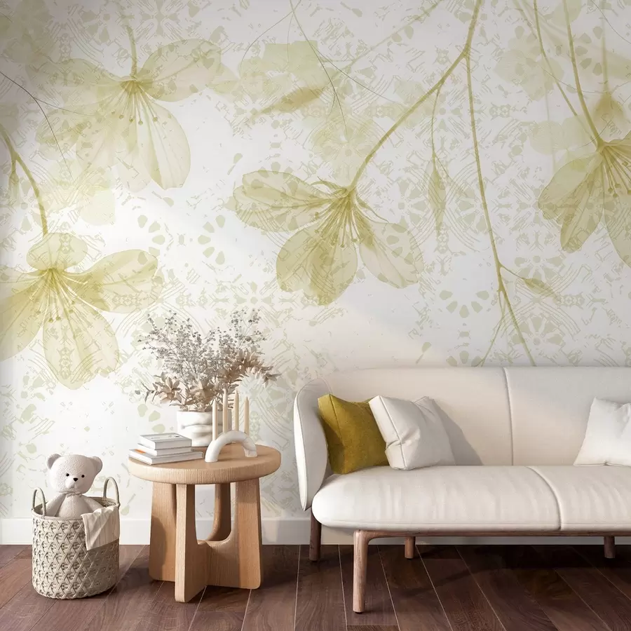Murales de pared Delicadas flores amarillas y blancas con largos tallos y pétalos sobre un fondo de textura suave y difuminada w08588v2 murales de pared Delicadas flores amarillas y blancas con largos tallos y pétalos sobre un fondo de textura suave y difuminada w08588v2