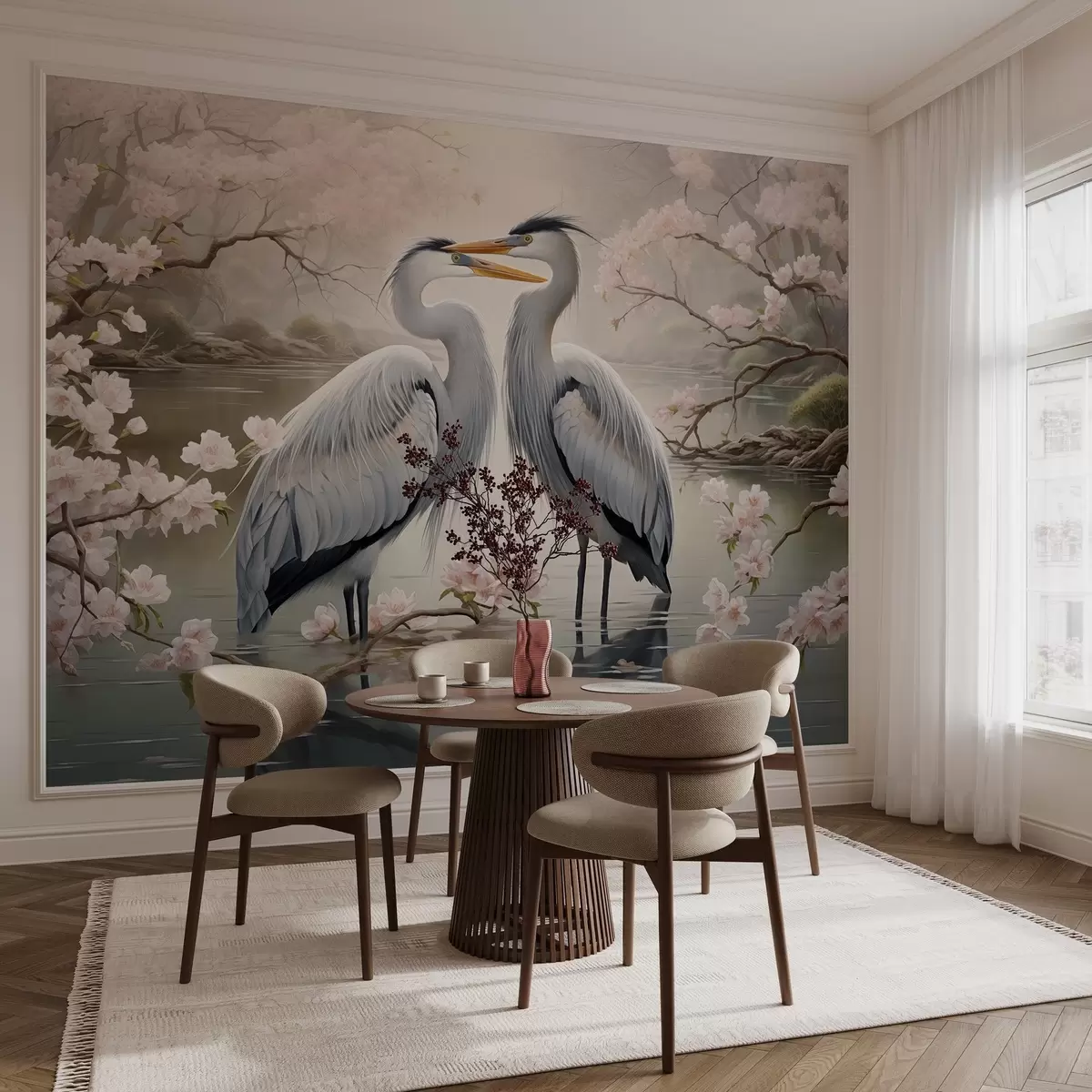 Murales de pared Una pareja de cigüeñas en un jardín en flor w02621 murales de pared Una pareja de cigüeñas en un jardín en flor w02621