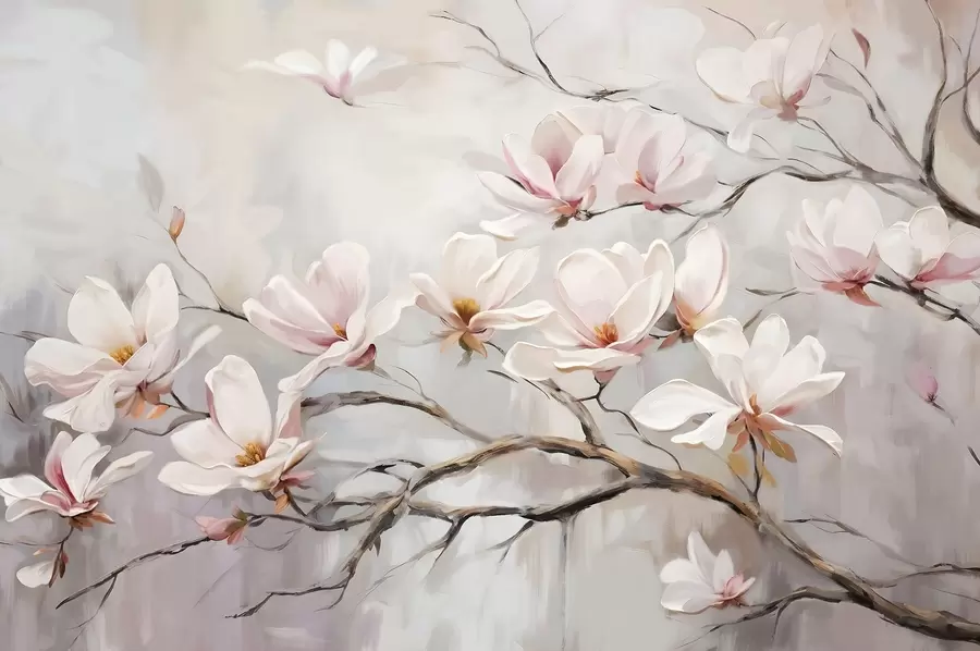 murales de pared Delicadas flores rosas de magnolia floreciendo en las ramas desnudas de un árbol sobre un fondo suave y brumoso w08589