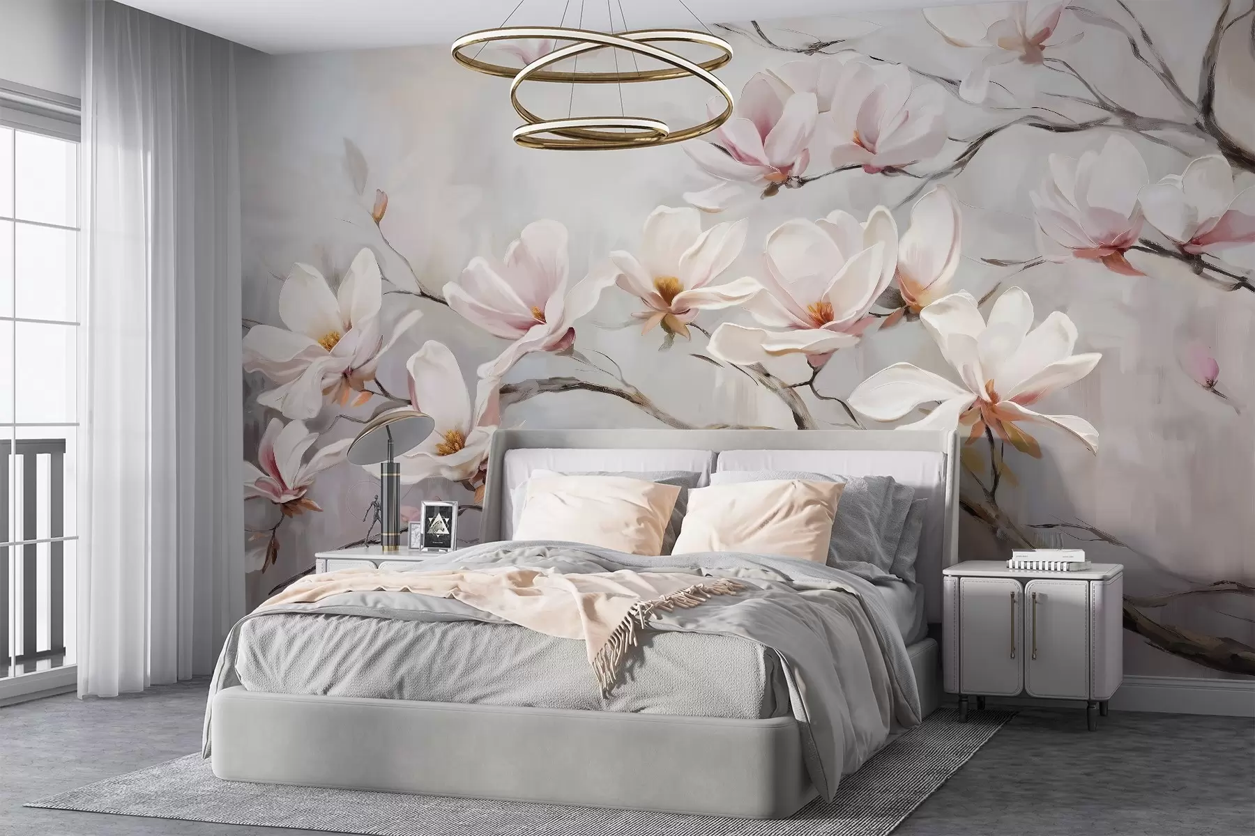 murales de pared Delicadas flores rosas de magnolia floreciendo en las ramas desnudas de un árbol sobre un fondo suave y brumoso w08589
