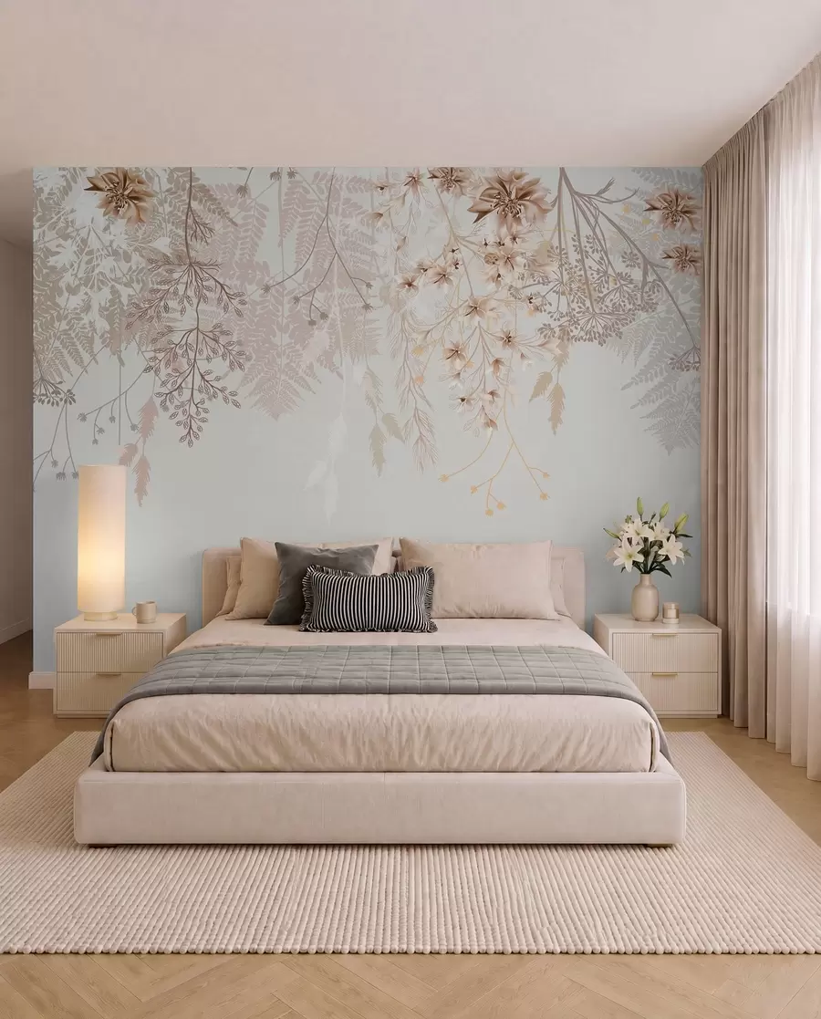 murales de pared Delicadas ramas florales y hierba con flores blancas, grises y beige que caen en cascada sobre un fondo claro w08598