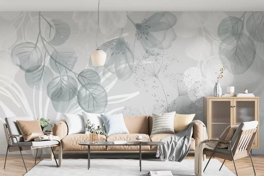 murales de pared Elementos florales de eucalipto en tonos azules y blancos con hojas y pétalos superpuestos de estilo minimalista w08599