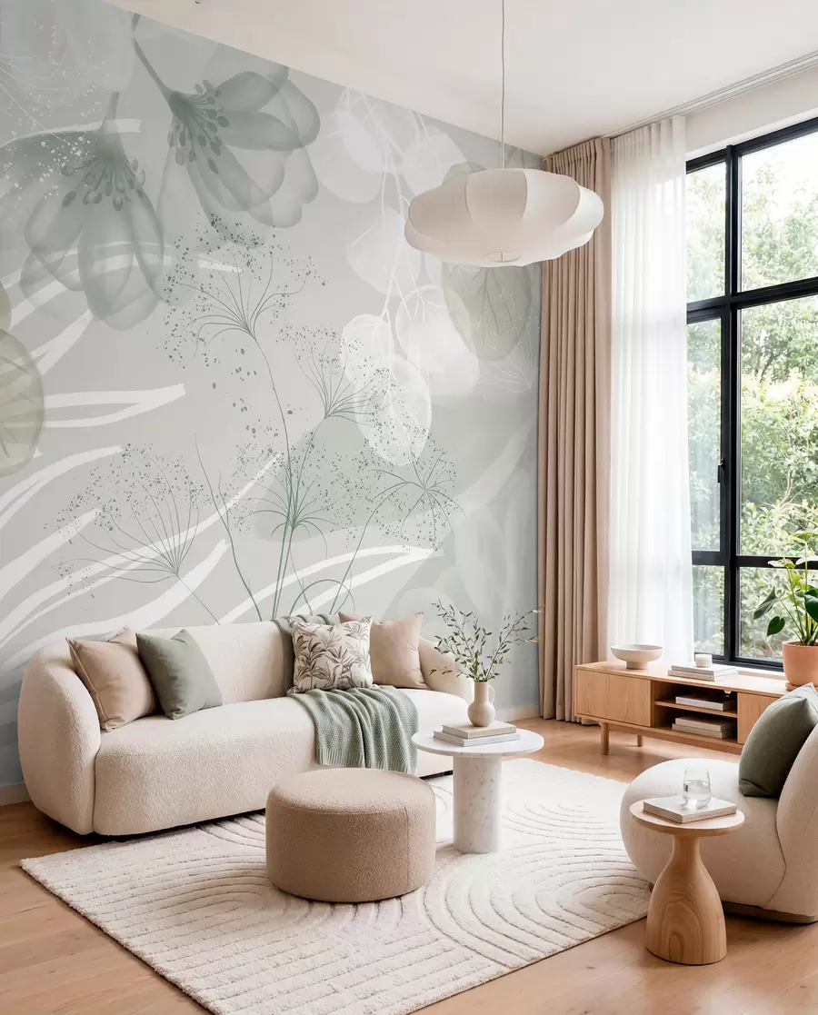 murales de pared Elementos florales de eucalipto en tonos verdes y blancos con hojas y pétalos superpuestos de estilo minimalista w08599v1