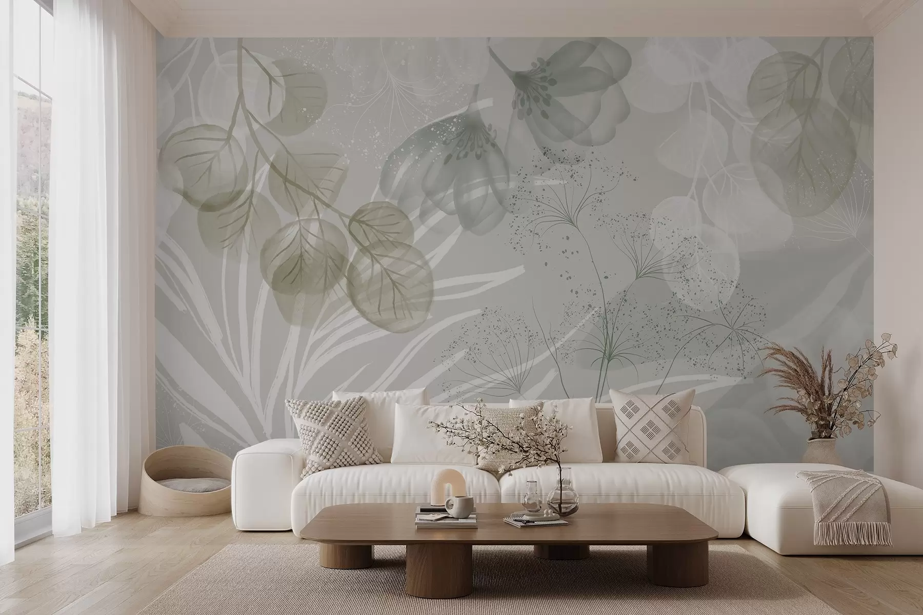 murales de pared Elementos florales de eucalipto en tonos verdes y blancos con hojas y pétalos superpuestos de estilo minimalista w08599v1