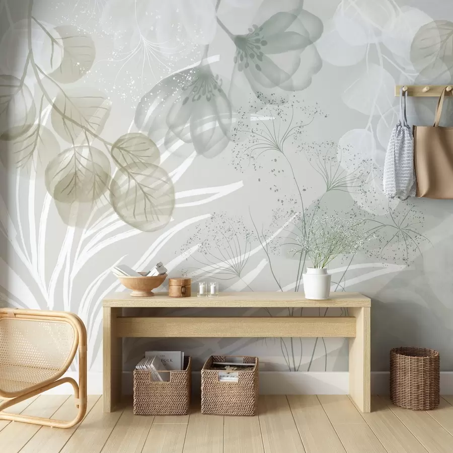 murales de pared Elementos florales de eucalipto en tonos verdes y blancos con hojas y pétalos superpuestos de estilo minimalista w08599v1