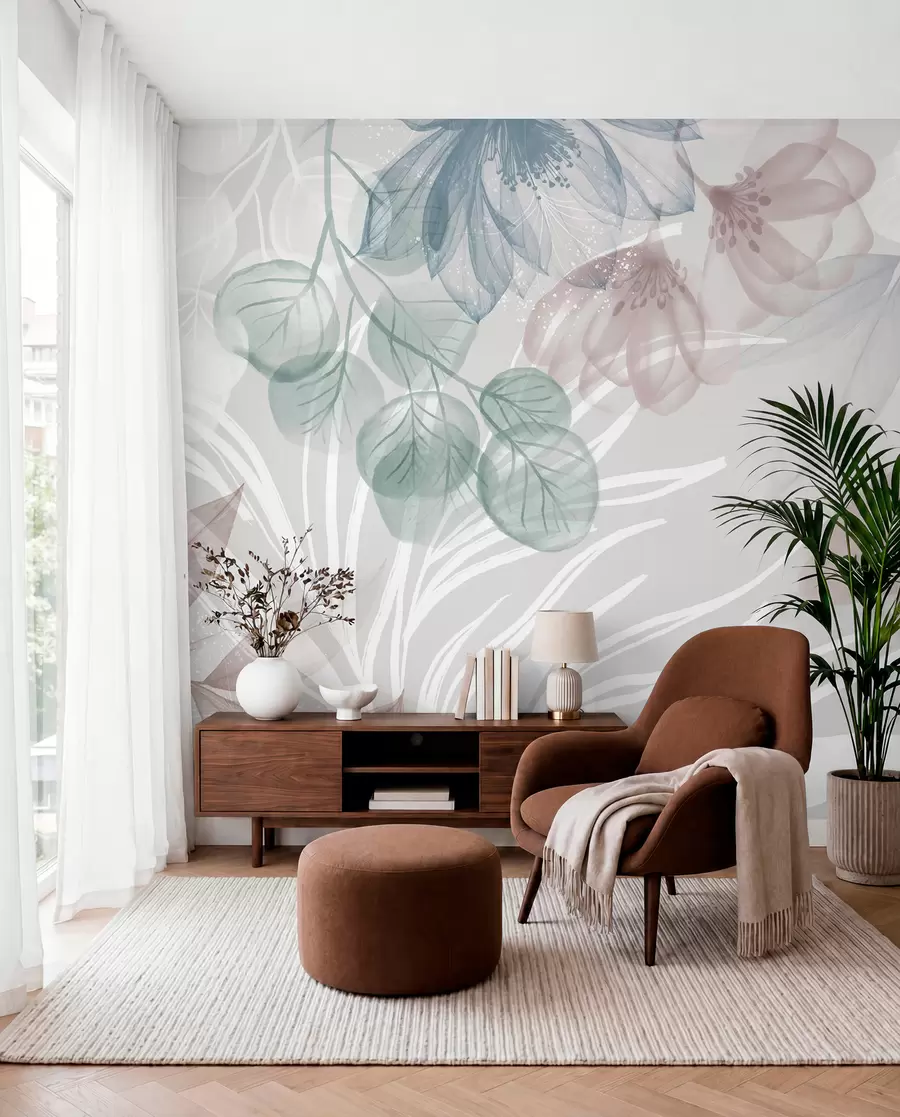 murales de pared Estampado floral en tonos pastel con grandes flores y hojas abstractas transparentes en tonos grises, rosas y verdes w08600