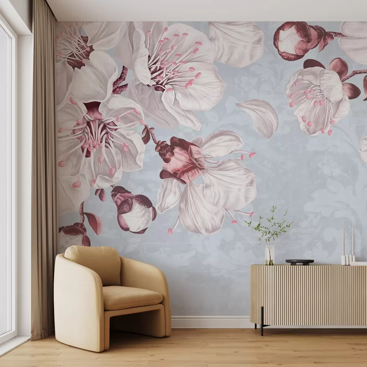 Murales de pared Estampado floral con grandes flores de cerezo rosas y blancas sobre un fondo de textura azul claro w08601 murales de pared Estampado floral con grandes flores de cerezo rosas y blancas sobre un fondo de textura azul claro w08601
