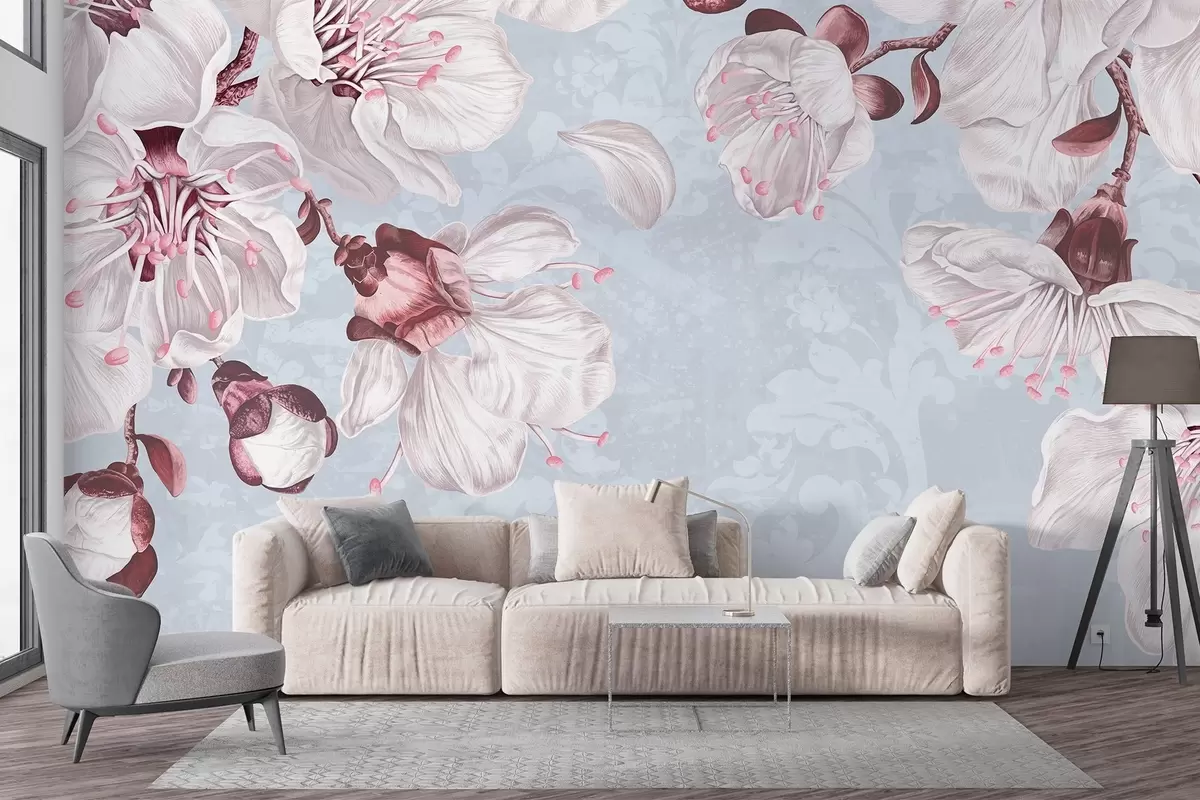 murales de pared Estampado floral con grandes flores de cerezo rosas y blancas sobre un fondo de textura azul claro w08601