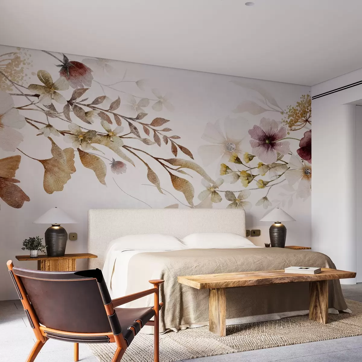 murales de pared Arreglo floral de colores suaves y apagados con flores y hojas de color beige y blanco sobre un fondo claro w08603