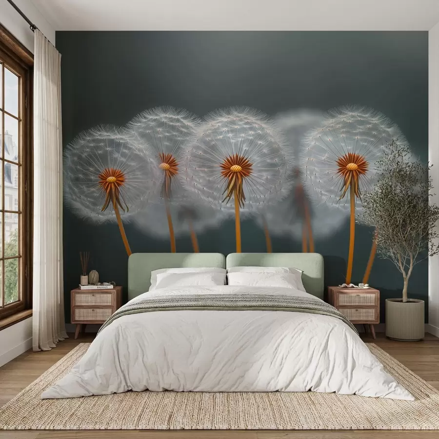 murales de pared Dientes de león aéreos sobre un fondo natural oscuro w08498
