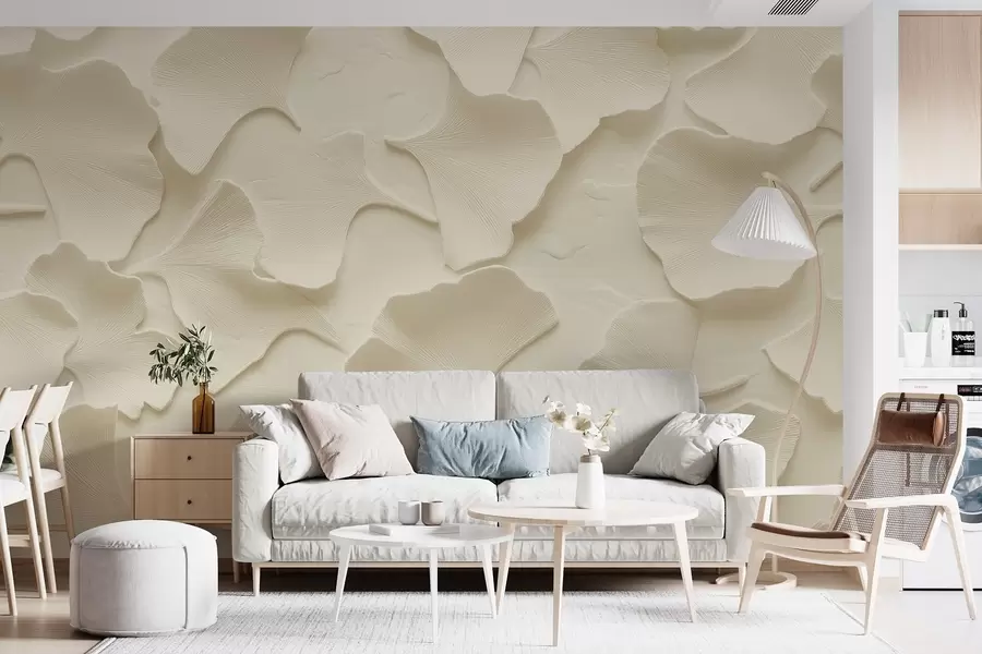 Murales de pared Estuco con delicado relieve de hojas de ginkgo sobre fondo beige suave w08560 murales de pared Estuco con delicado relieve de hojas de ginkgo sobre fondo beige suave w08560
