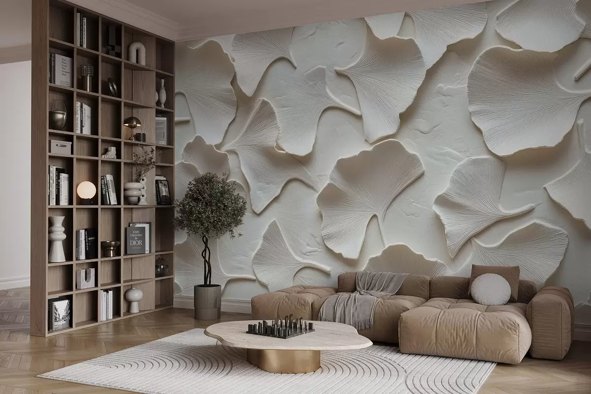 Murales de pared Estuco con delicado relieve de hojas de ginkgo sobre fondo blanco w08560v1 murales de pared Estuco con delicado relieve de hojas de ginkgo sobre fondo blanco w08560v1